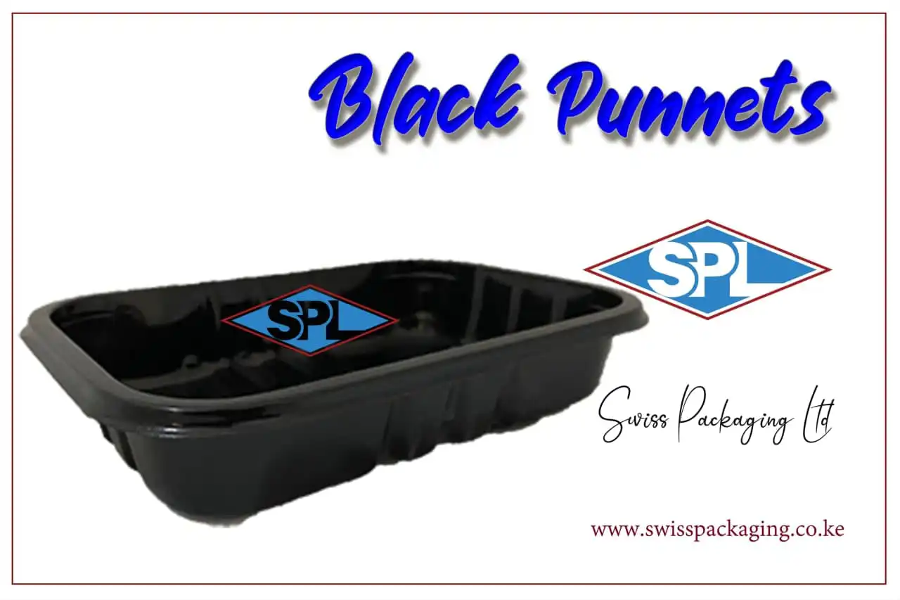 Black Punnets, food packaging, Swiss Packaging Ltd, plastic punnets, storage trays, takeaway containers, durable packaging.
